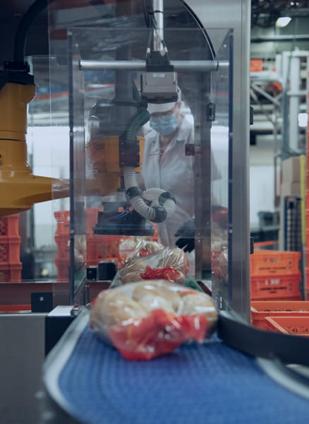 Leivät pakataan läpinäkyviin muovipusseihin kuljetetaan konenäköjärjestelmän läpi