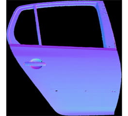 3D-pistepilvi normaali datan kanssa naarmuisesta ja vahingoittuneesta auton ovesta 3,5 metrin päästä