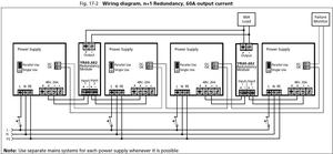 N+1 60 A redundattijärjestelmä vaatii neljä 48 V DC, 20 A teholähdettä ja kaksi YR40.482 erotusmoduulia 