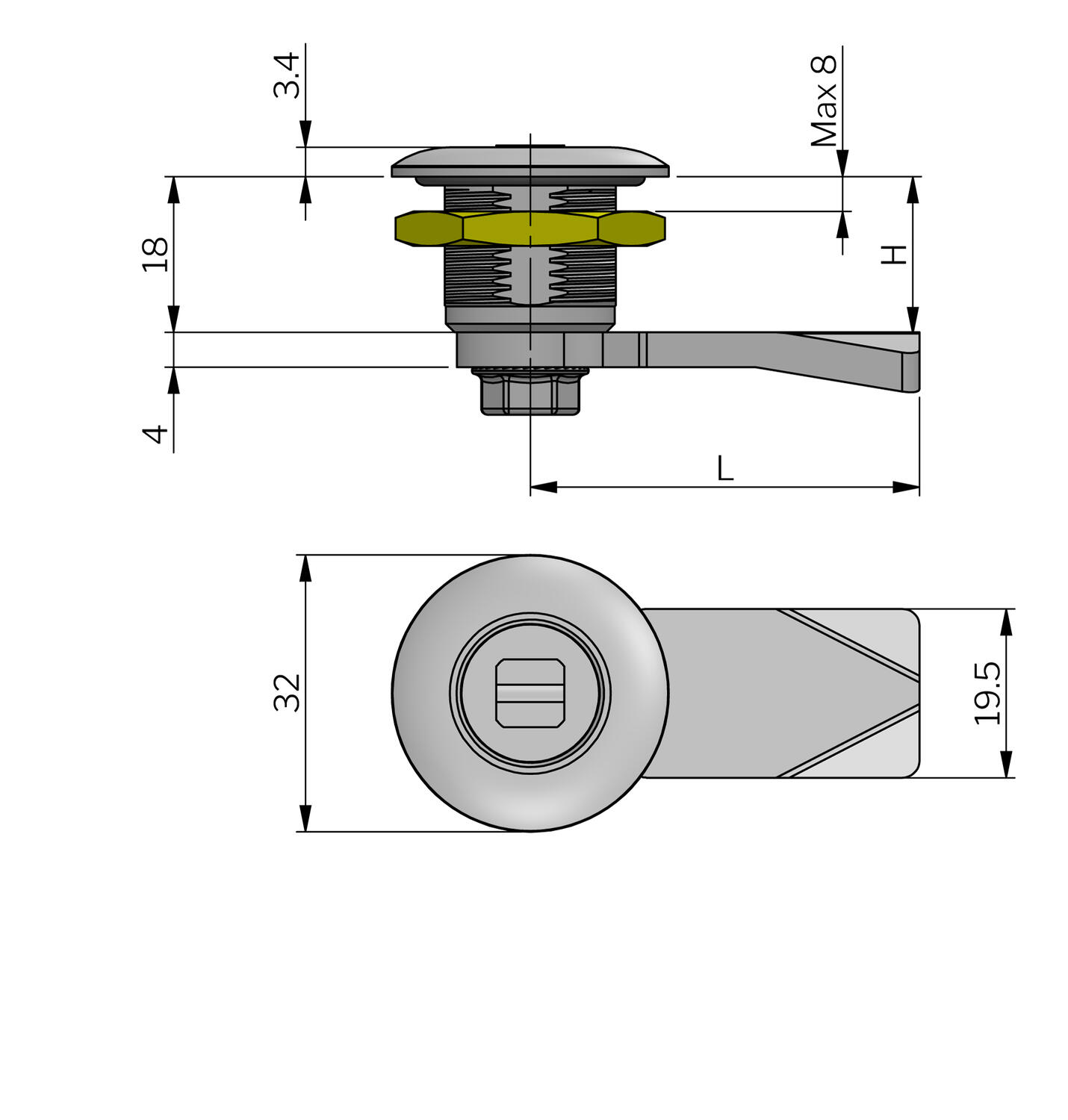 90° Haponkestävä lukko 18 mm lukkopesällä mitat
