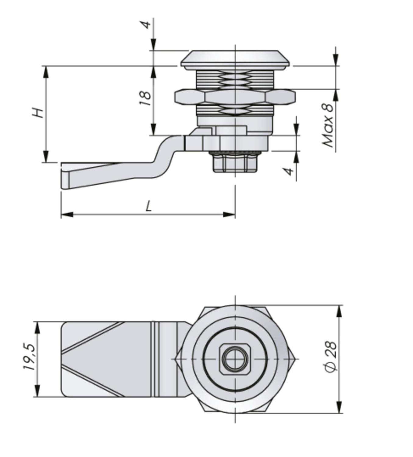 90° Ruostumaton lukko 18 mm lukkopesällä piirroskuva
