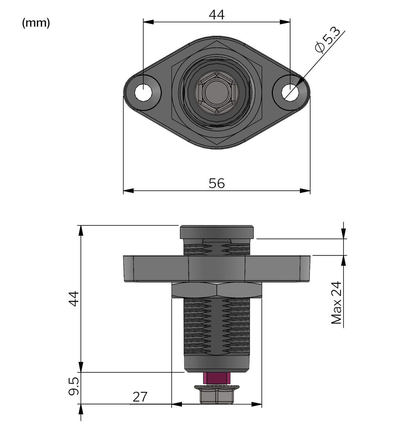 90° Uppoasennettava lukko mitat