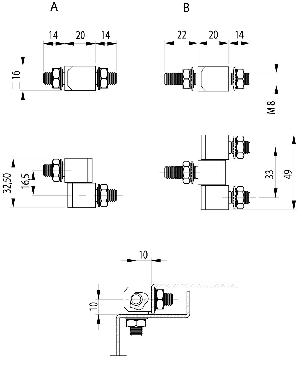 Bolt-on sarana, avautumiskulma 180° mitat