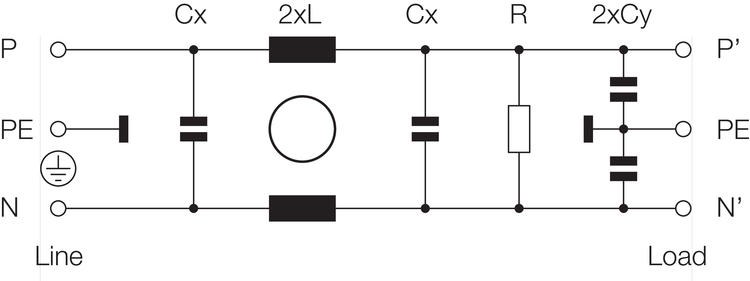 Connecting sketch Mains filter 1-phase/2-phase series 2410/2412