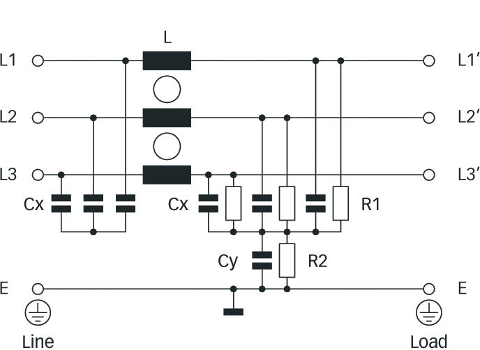 Connecting sketch Mains filter 3-phase series FN3258