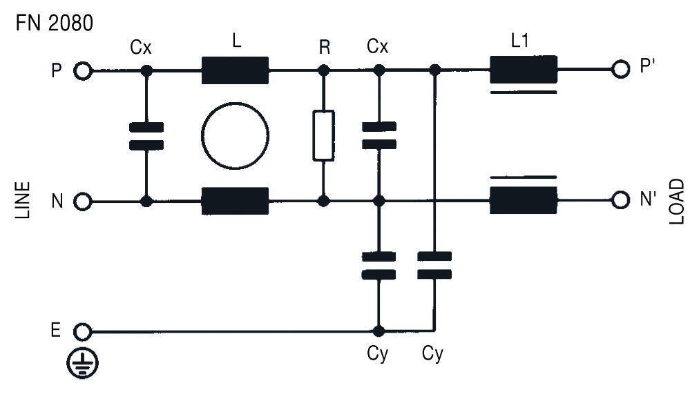 Connecting sketch Mainsfilter 1- phase, series FN2080 