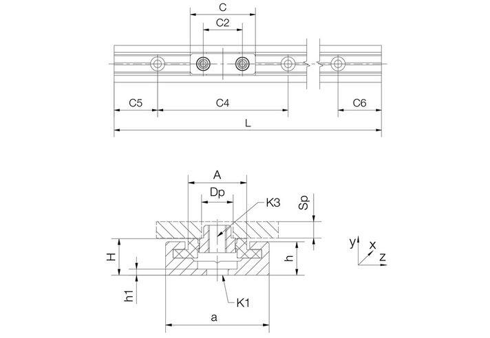drylin N-sarjan johteet 1000 mm tekninen kuva