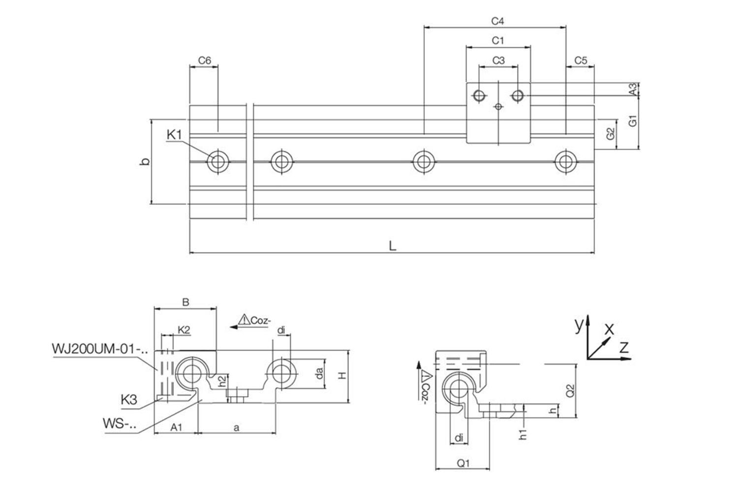 Drylin W-sarjan johde 1000 mm tekninen kuva