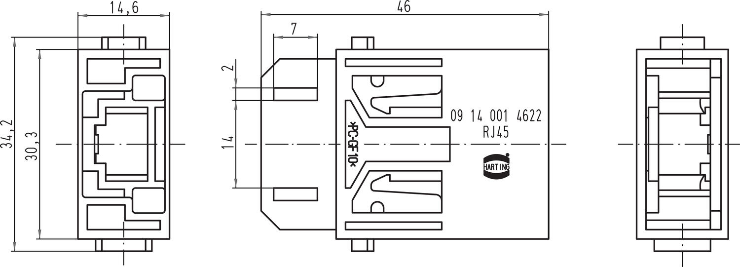 Han-Modular RJ45 uros/naaras tekninen kuva
