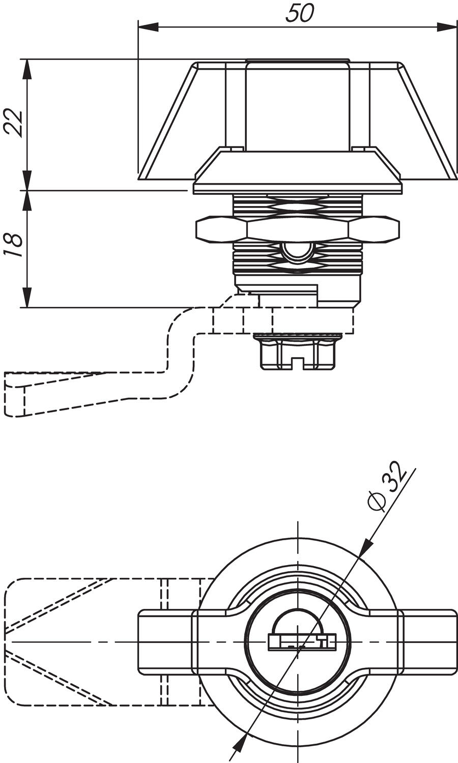 Haponkestävä kääntölukko 18mm lukkopesällä mitat