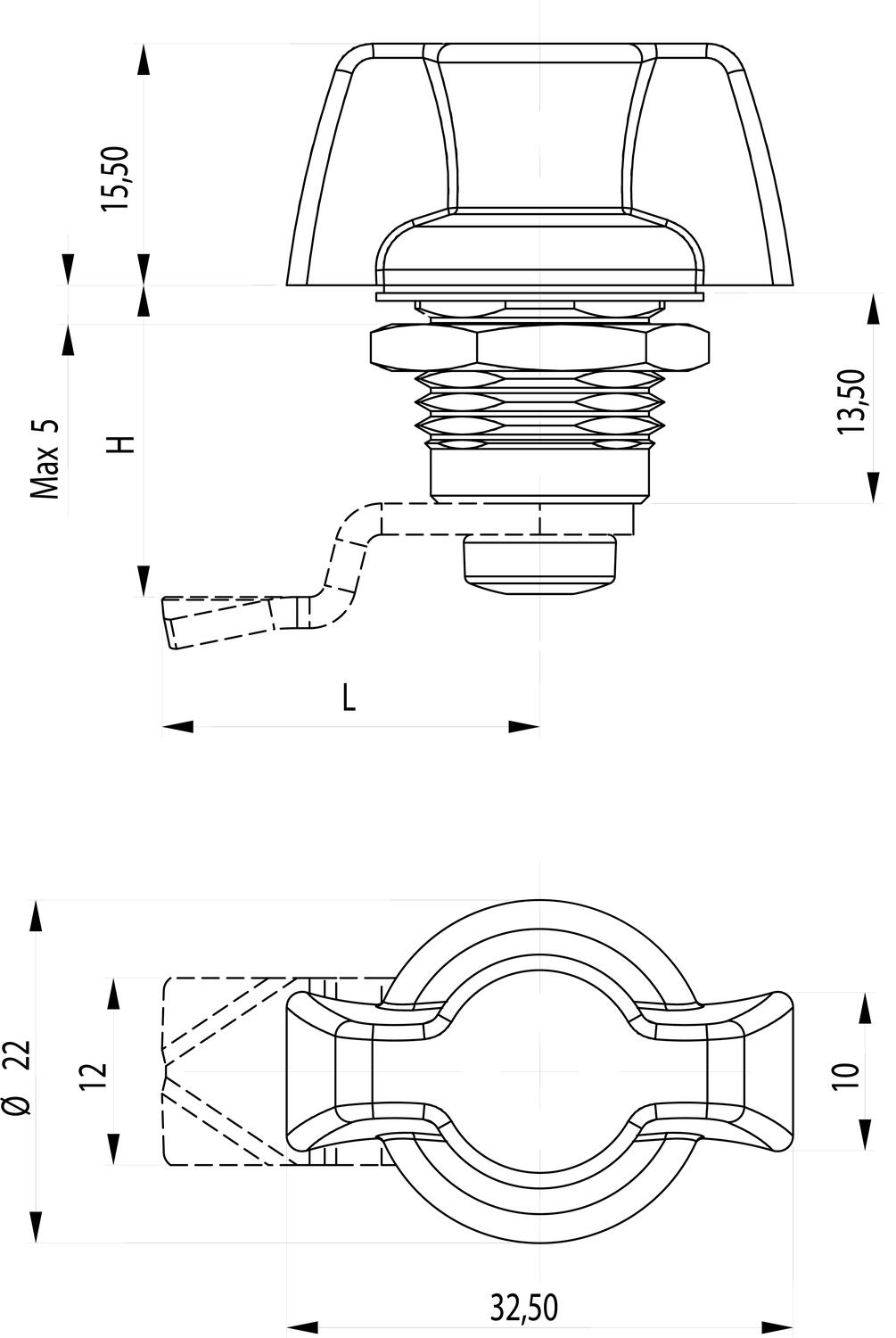 Kääntölukko 13,5 mm lukkopesällä mitat