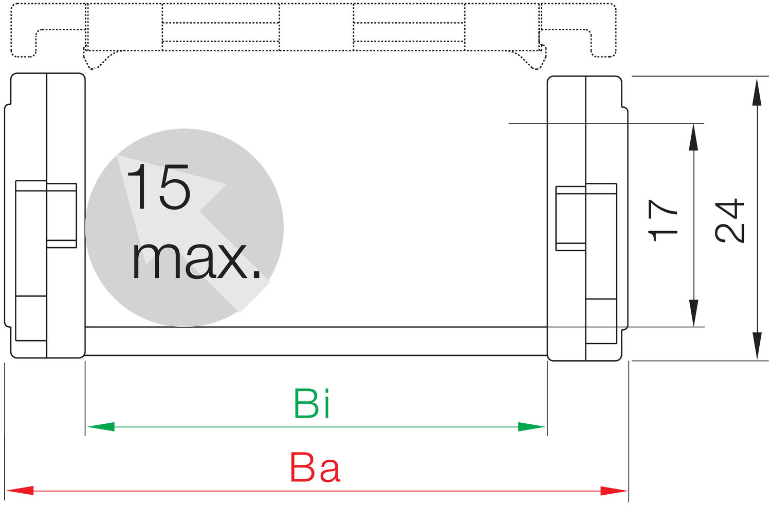 Kaapeliketju Zipper 15-sarja mitat