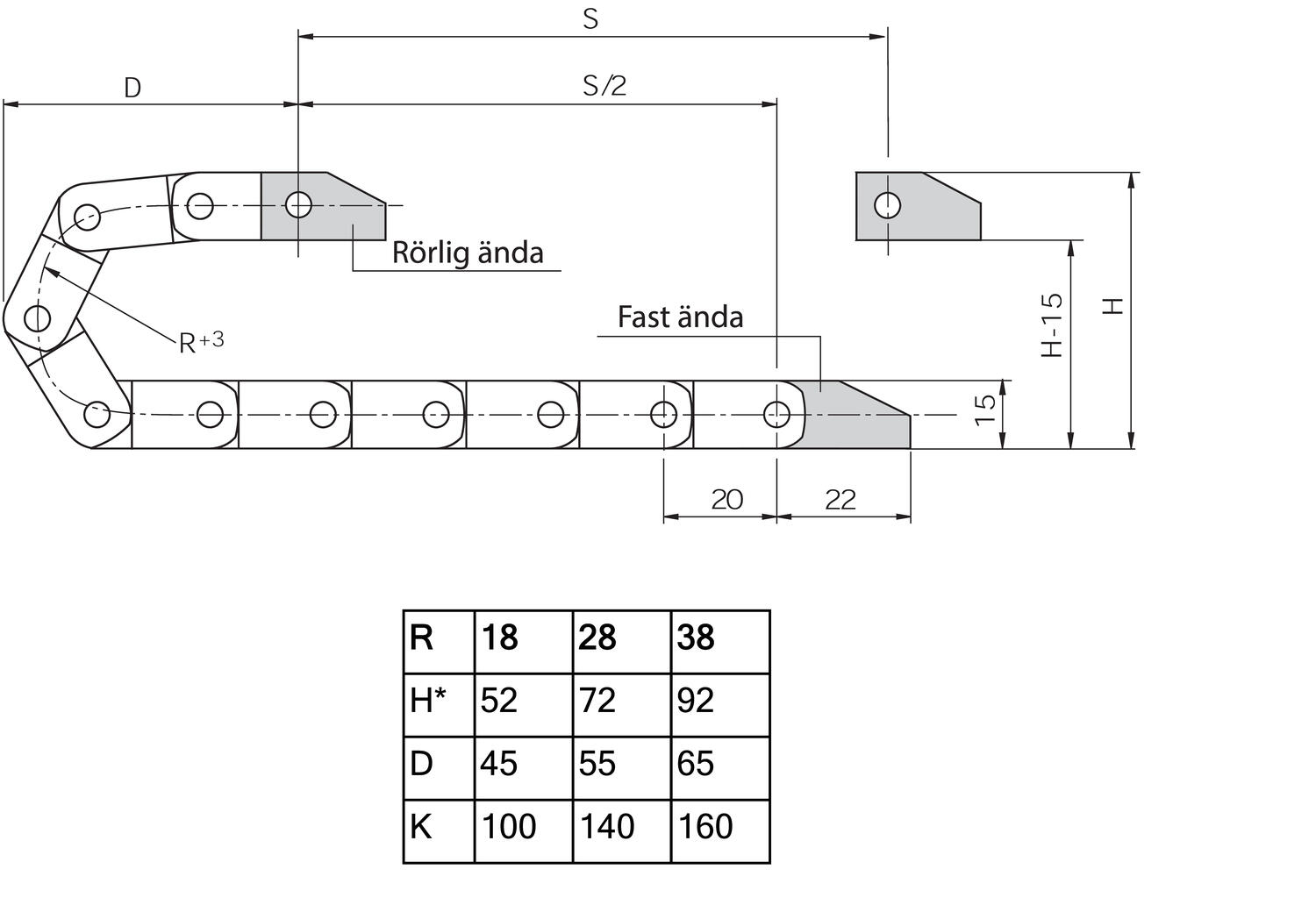 Kaapeliketju Zipper mittakuva