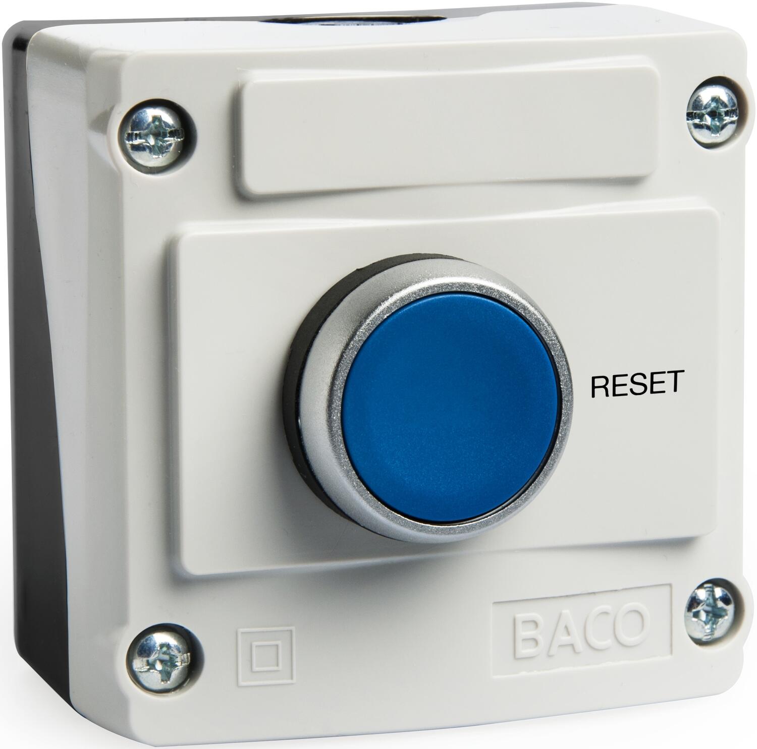Kalustetut painonappikotelot, Koteloitu sininen painike "RESET" NO