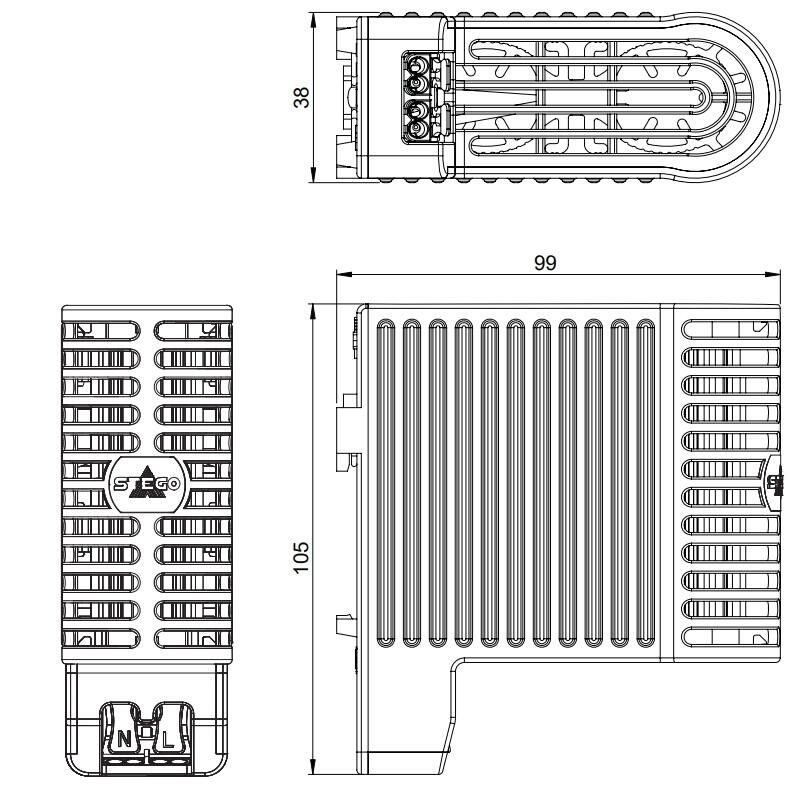 Koteloidut PTC-lämmittimet 20-40 W mittakuva