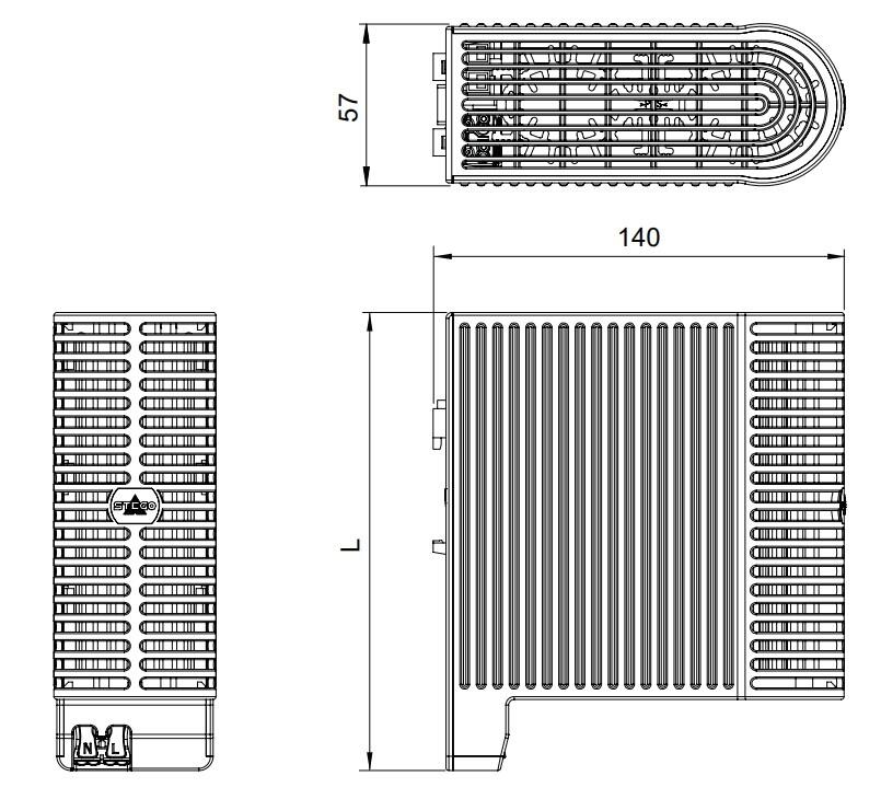 Koteloidut PTC-lämmittimet 50-150 W mittakuva