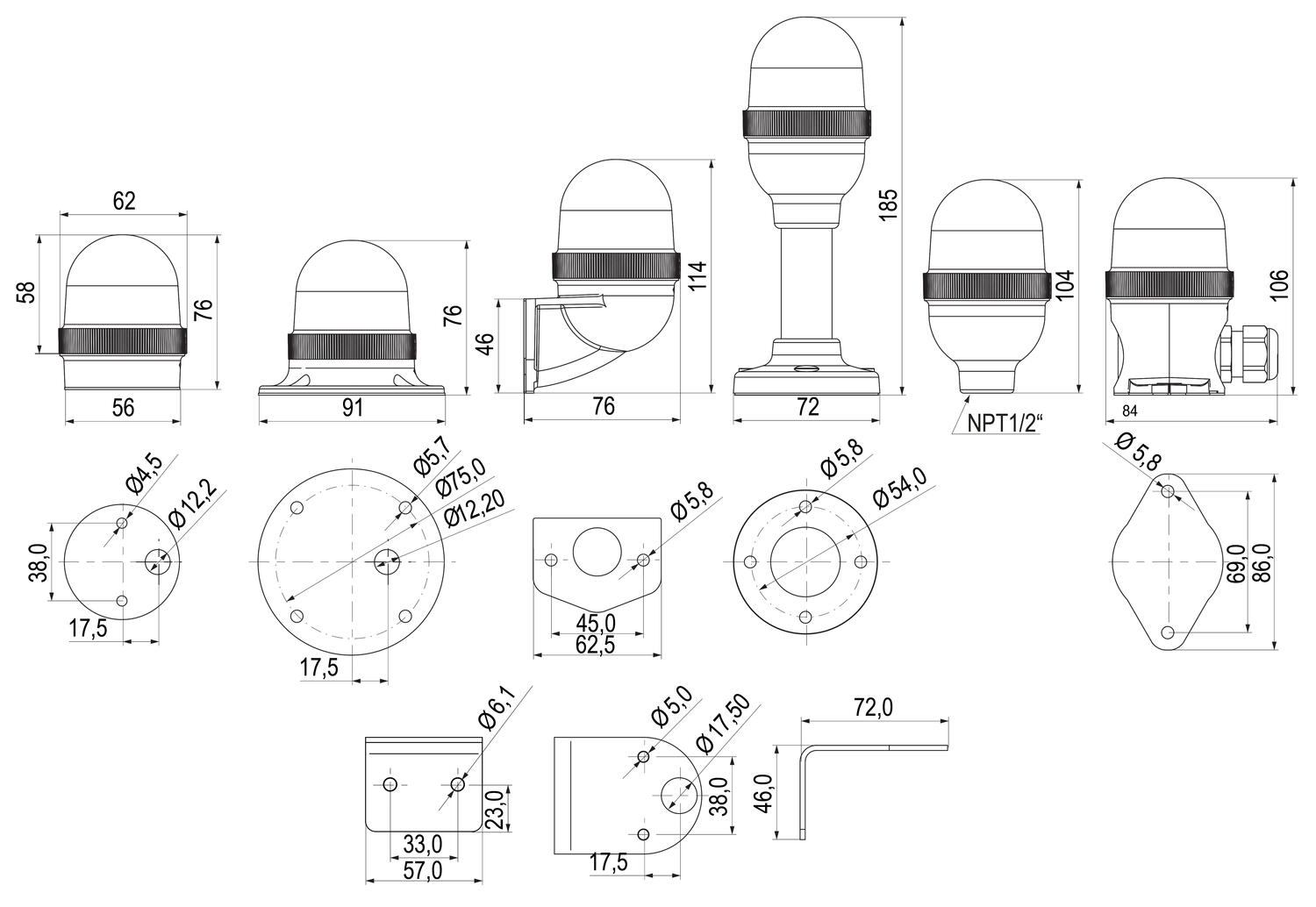LED-varoitusvalosarja "U" 60 mm sininen