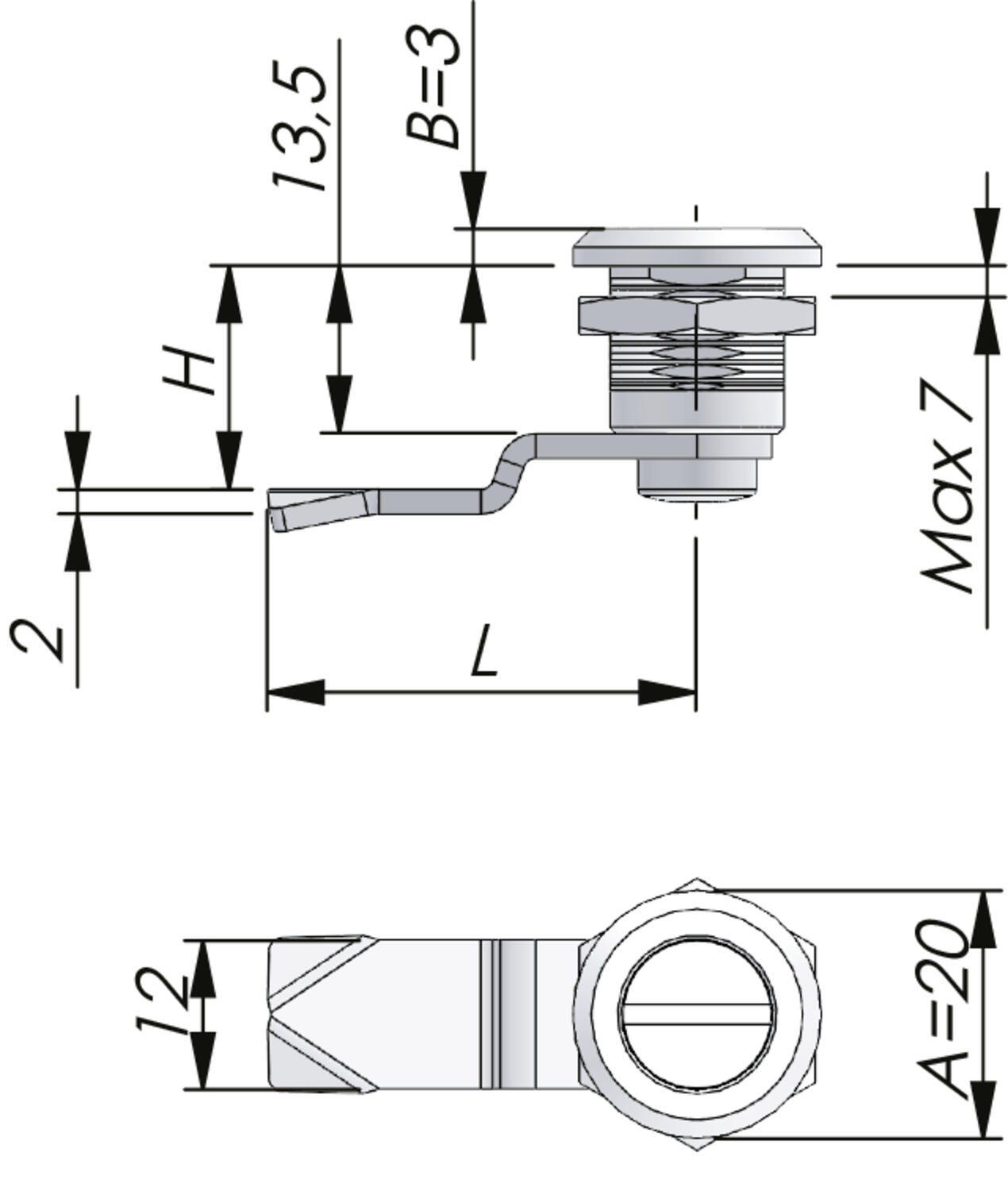 Lukko 13,5 mm lukkopesällä tekninen kuva
