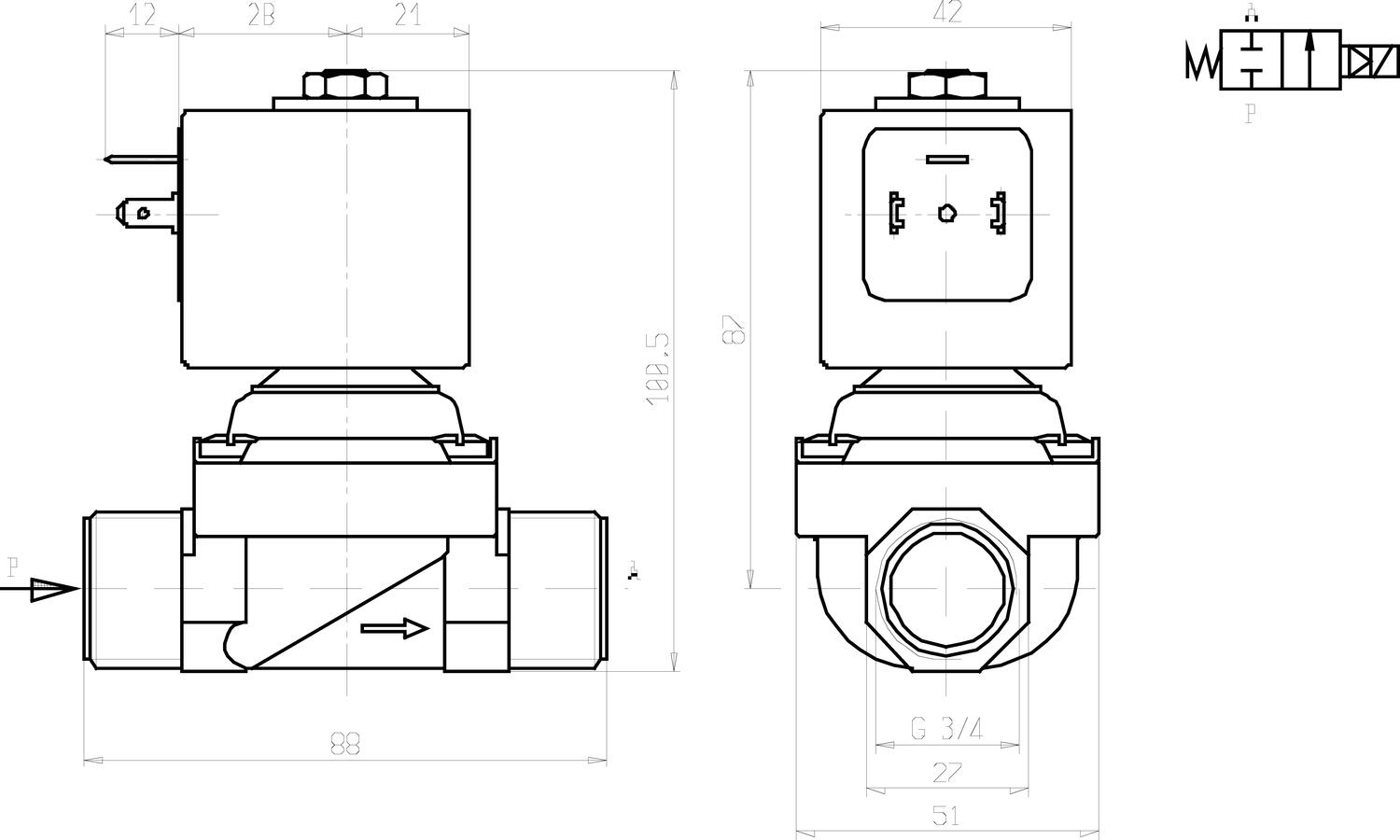 Magneettiventtiili 3/4" tekninen piirros