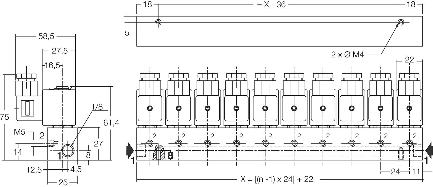 Magneettiventtiiliryhmä 1/8" tekninen kuva