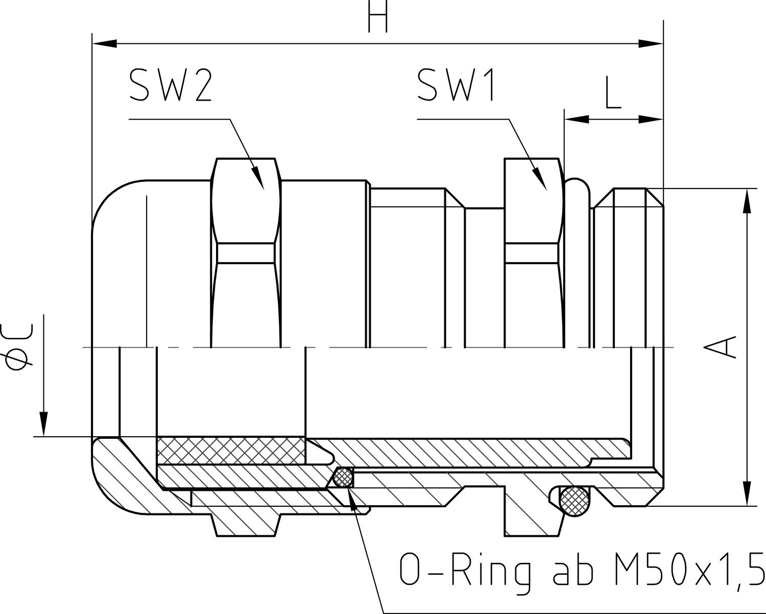Messinkiset holkkitiivisteet, metrinen kierre tekninen kuva