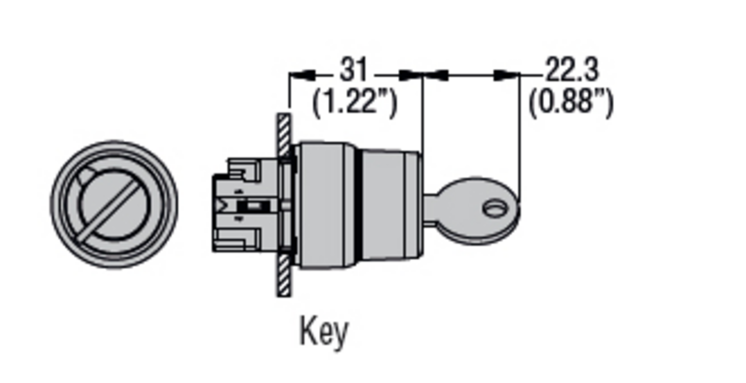 Metallinen avainkytkin 1-0-2 mittakuva