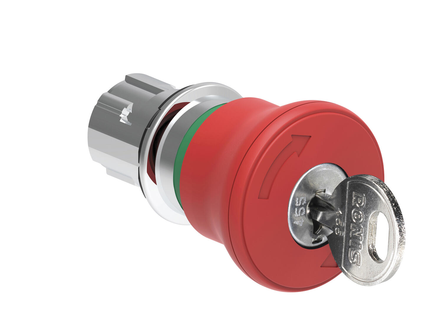 Metallinen hätäseispainike avainpalautuksella