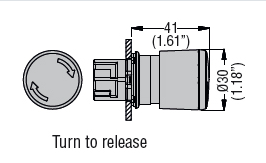 Metallinen hätäseispainike kiertopalautuksella, mittakuva