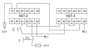 NST-3 turvareleen käyttö laajennusyksikkönä<br />(1-kanavainen kytkentä)