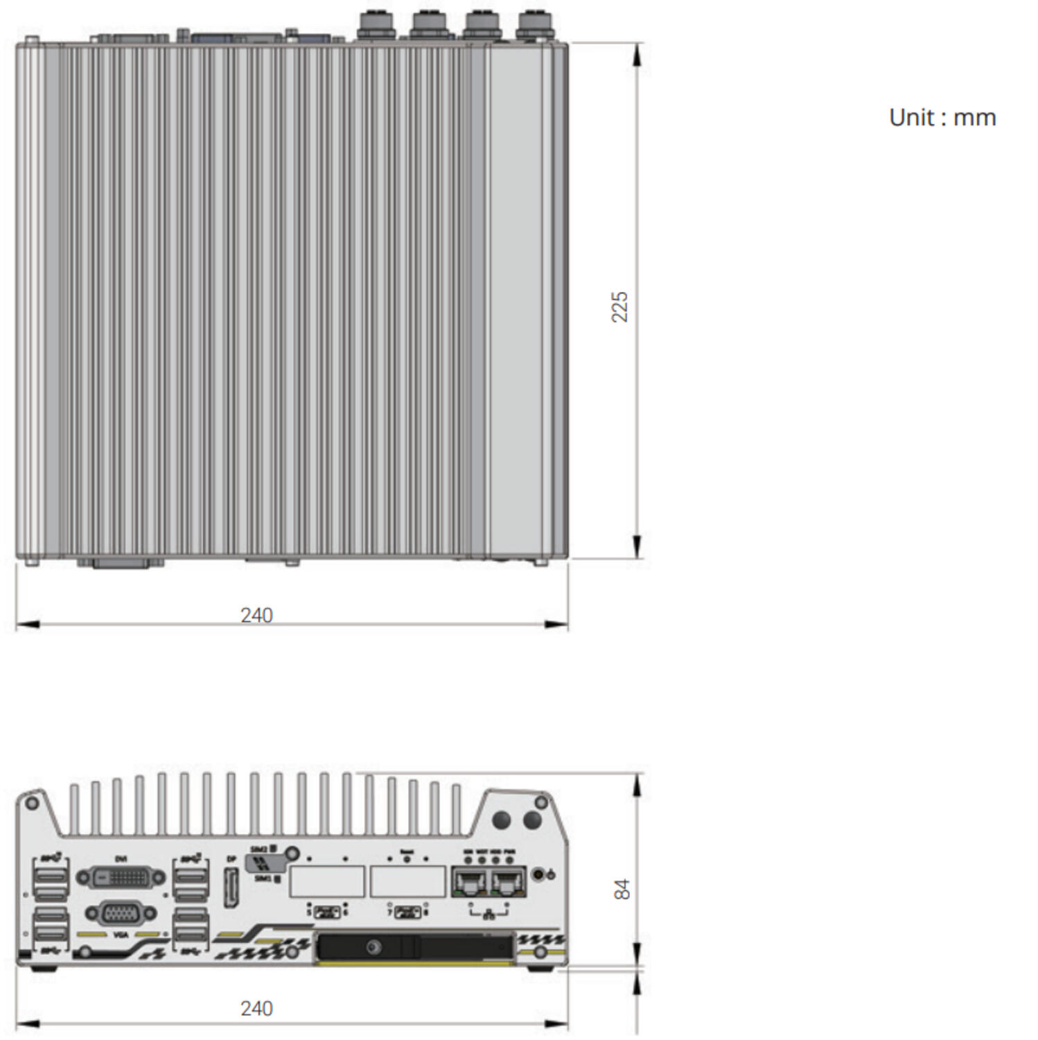 Nuvo-7160GC teollisuustietokone. Mittakuva