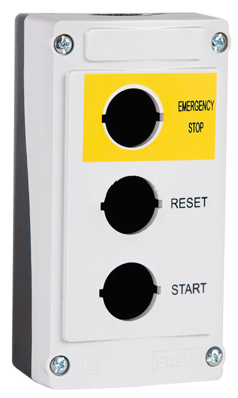 Painonappikotelo 3 reiällä "EMERGENCY STOP+RESET+START"