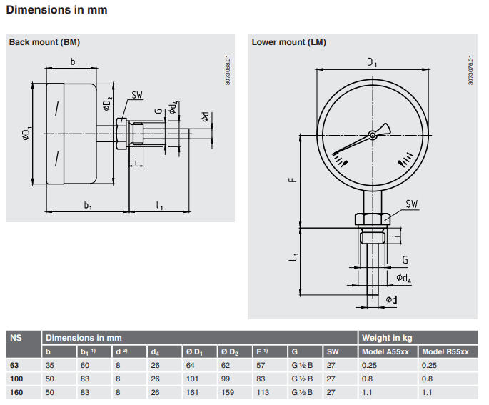 Prosessilämpömittari, 55-sarja mitat