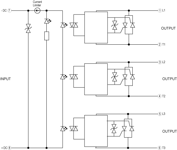 Puolijohderele 3x25 A AC tekninen kuva