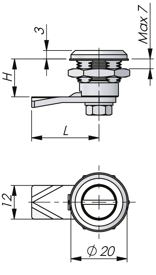 Ruostumaton lukko 13,5 mm lukkopesällä tekninen kuva