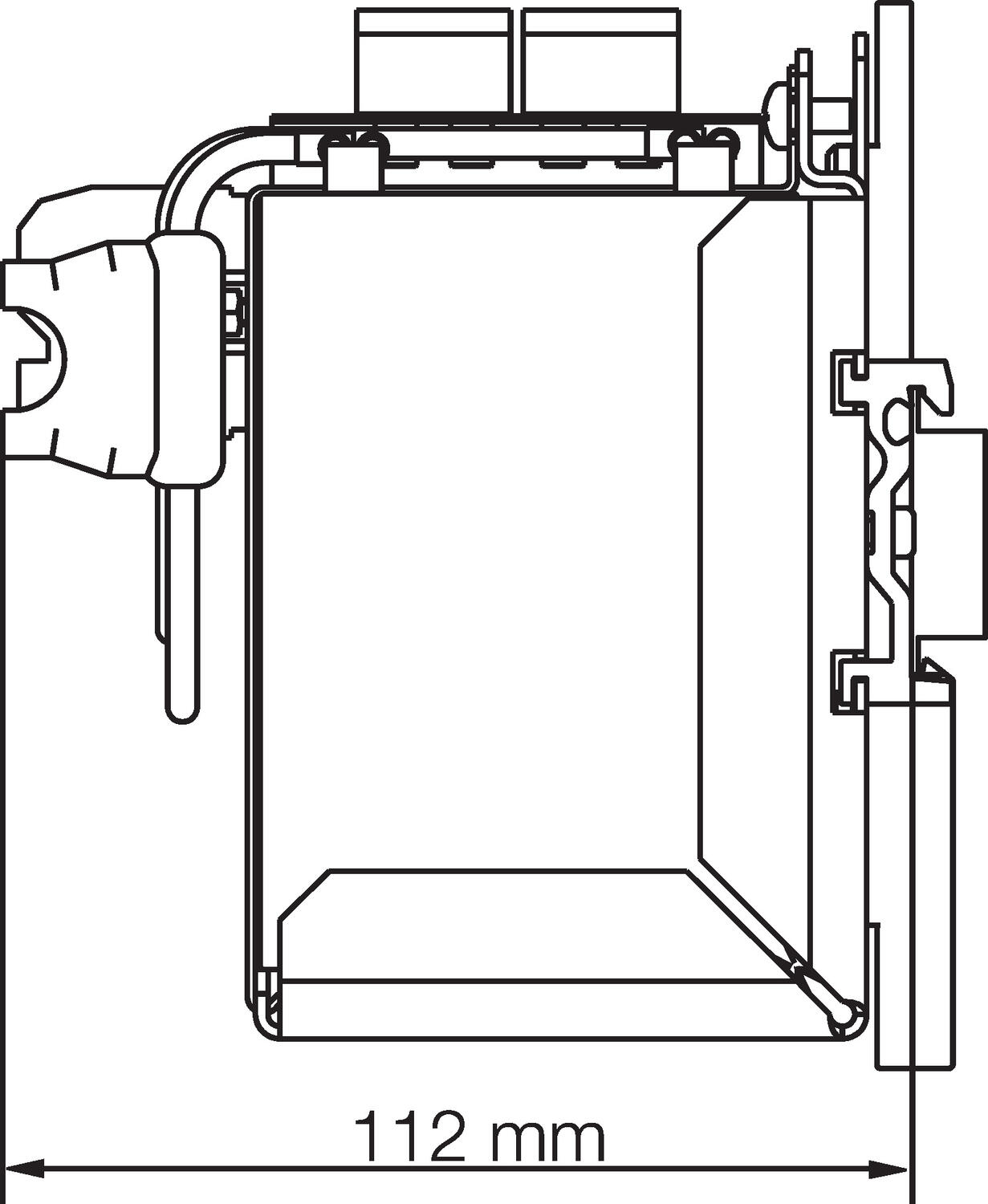 Seinä-/DIN-kiskoteline 7 Ah akulle, mittakuva sivu