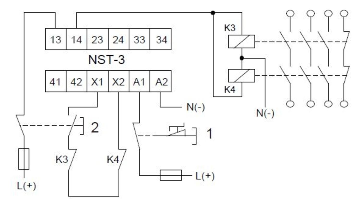 Valvottu kuittaus ja kontaktorien ohjaus ja valvonta(2-kanavainen kytkentä)