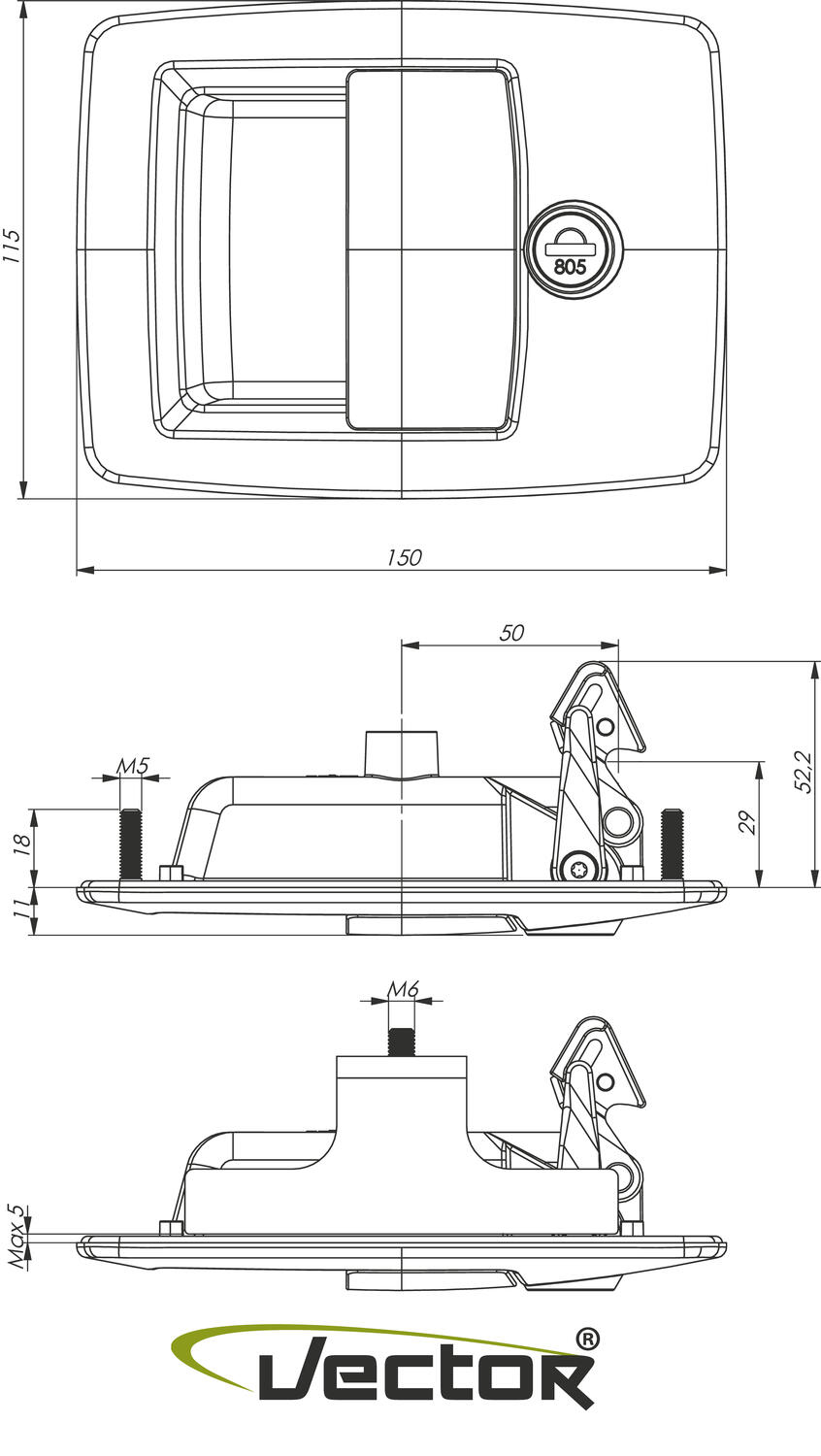 Vector P kahva koukkulukituksella mitat