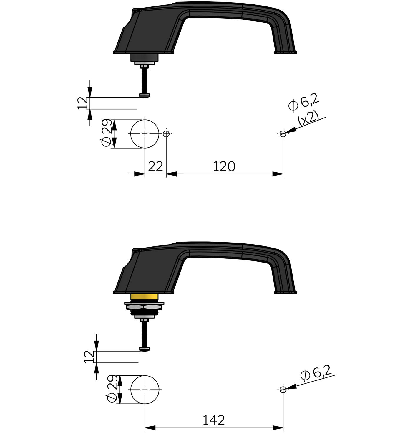 Vector painonappi kahva tekninen piirustus