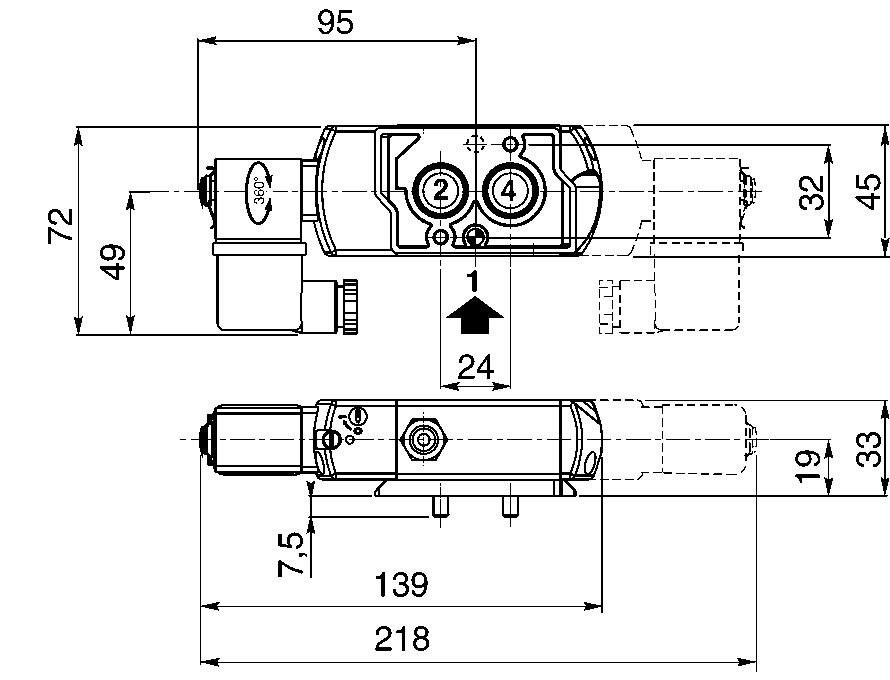 Venttiili 3/2-5/2 monostabiili, mittakuva