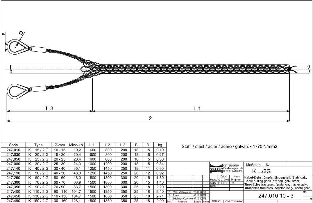 Yksilenkkinen vetosukka 3 kaapelille, tekninen kuva